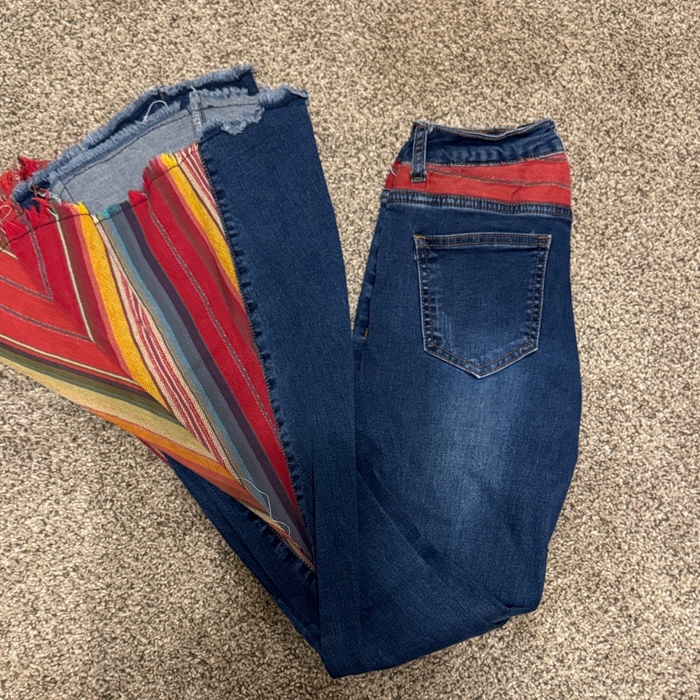L&B Blue and Red Fringe Flare Jeans